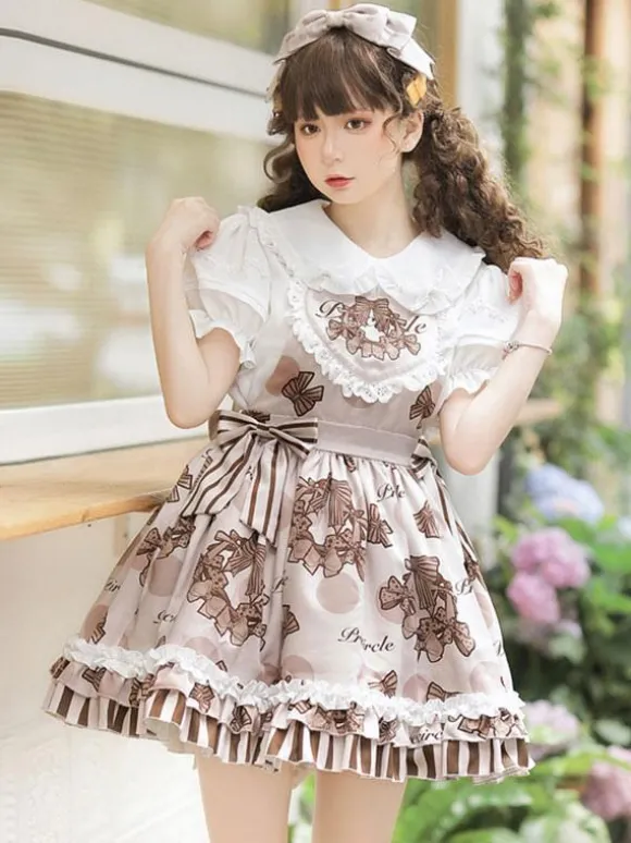 sweet Lolita Costumes Lolita Specials Lolita Dresses Sweet Lolita Dress Polyester Sleeveless Ruffles Sweet Jumper Chocolate Lolita Dress Bow