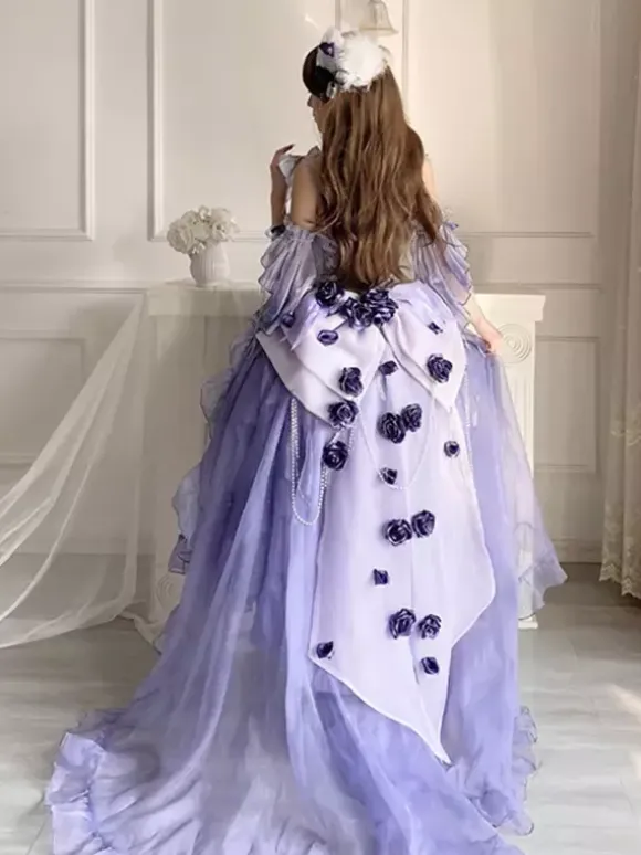Sweet Lolita Dress Embroidery Bowknot Lace-Up High Low Dress Sleeveless Purple Mesh Slip Dress