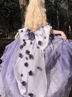 Sweet Lolita Dress Embroidery Bowknot Lace-Up High Low Dress Sleeveless Purple Mesh Slip Dress