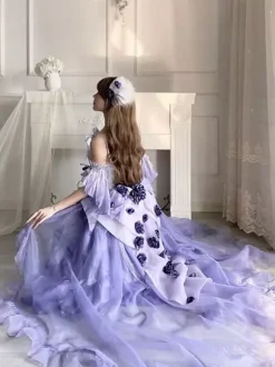 Sweet Lolita Dress Embroidery Bowknot Lace-Up High Low Dress Sleeveless Purple Mesh Slip Dress