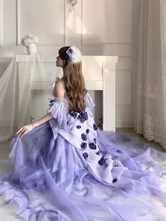 Sweet Lolita Dress Embroidery Bowknot Lace-Up High Low Dress Sleeveless Purple Mesh Slip Dress