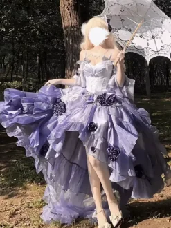 Sweet Lolita Dress Embroidery Bowknot Lace-Up High Low Dress Sleeveless Purple Mesh Slip Dress