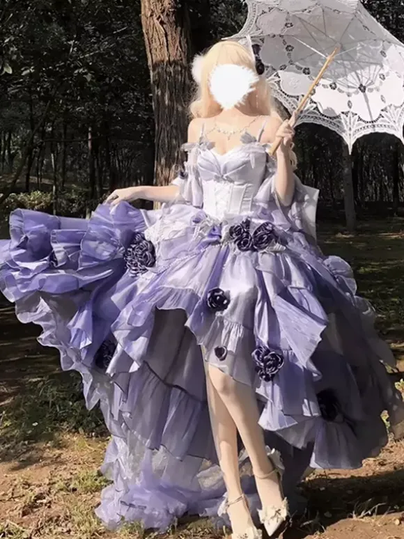 Sweet Lolita Dress Embroidery Bowknot Lace-Up High Low Dress Sleeveless Purple Mesh Slip Dress