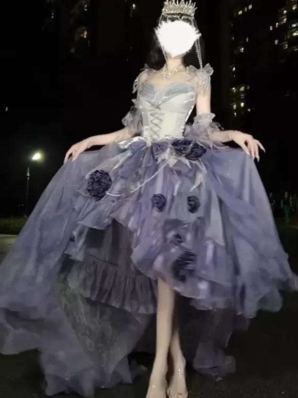 Sweet Lolita Dress Embroidery Bowknot Lace-Up High Low Dress Sleeveless Purple Mesh Slip Dress