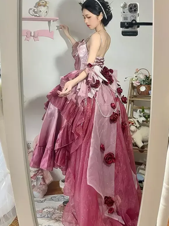 Sweet Lolita Dress Embroidery Bowknot Lace-Up High Low Dress Sleeveless Purple Mesh Slip Dress