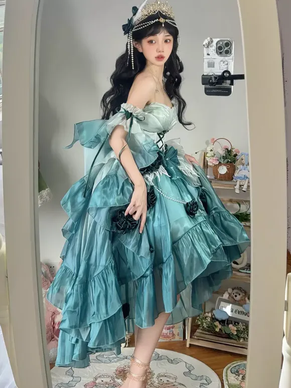 Sweet Lolita Dress Embroidery Bowknot Lace-Up High Low Dress Sleeveless Purple Mesh Slip Dress