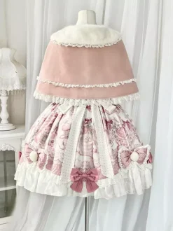 Sweet Lolita Dresses Cartoon Print JSK Dress And Pink Cape Two-Piece Set Kawaii Princess Jumper Skirt Set