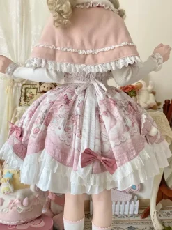 Sweet Lolita Dresses Cartoon Print JSK Dress And Pink Cape Two-Piece Set Kawaii Princess Jumper Skirt Set