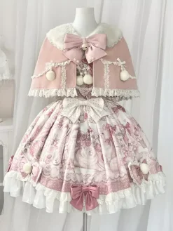 Sweet Lolita Dresses Cartoon Print JSK Dress And Pink Cape Two-Piece Set Kawaii Princess Jumper Skirt Set