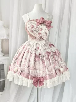 Sweet Lolita Dresses Cartoon Print JSK Dress And Pink Cape Two-Piece Set Kawaii Princess Jumper Skirt Set