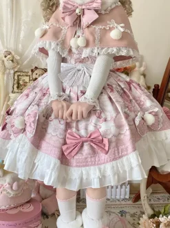 Sweet Lolita Dresses Cartoon Print JSK Dress And Pink Cape Two-Piece Set Kawaii Princess Jumper Skirt Set