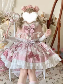 Sweet Lolita Dresses Cartoon Print JSK Dress And Pink Cape Two-Piece Set Kawaii Princess Jumper Skirt Set
