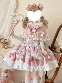Sweet Lolita Dresses Cartoon Print JSK Dress And Pink Cape Two-Piece Set Kawaii Princess Jumper Skirt Set