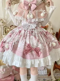 Sweet Lolita Dresses Cartoon Print JSK Dress And Pink Cape Two-Piece Set Kawaii Princess Jumper Skirt Set