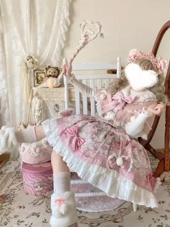 Sweet Lolita Dresses Cartoon Print JSK Dress And Pink Cape Two-Piece Set Kawaii Princess Jumper Skirt Set