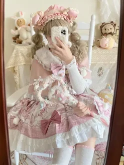 Sweet Lolita Dresses Cartoon Print JSK Dress And Pink Cape Two-Piece Set Kawaii Princess Jumper Skirt Set