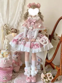 Sweet Lolita Dresses Cartoon Print JSK Dress And Pink Cape Two-Piece Set Kawaii Princess Jumper Skirt Set