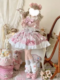 Sweet Lolita Dresses Cartoon Print JSK Dress And Pink Cape Two-Piece Set Kawaii Princess Jumper Skirt Set