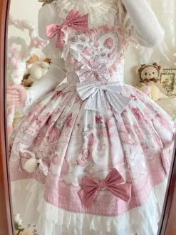 Sweet Lolita Dresses Cartoon Print JSK Dress And Pink Cape Two-Piece Set Kawaii Princess Jumper Skirt Set