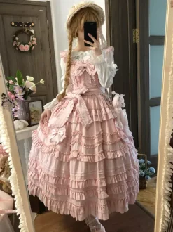Sweet Lolita Dresses Lace Sash Ruffles JSK Tea Length Lolita Dress