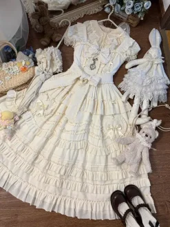 Sweet Lolita Dresses Lace Sash Ruffles JSK Tea Length Lolita Dress