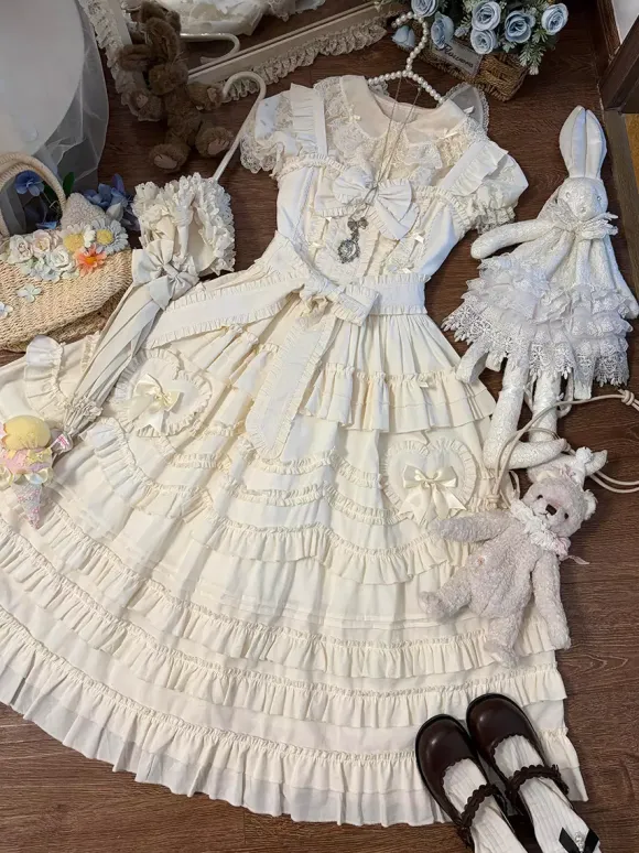 Sweet Lolita Dresses Lace Sash Ruffles JSK Tea Length Lolita Dress