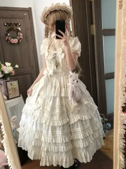Sweet Lolita Dresses Lace Sash Ruffles JSK Tea Length Lolita Dress