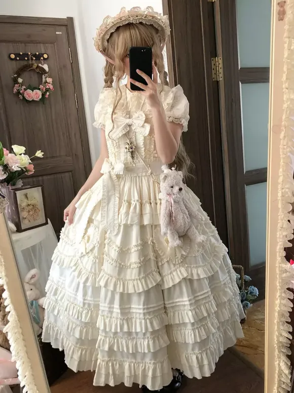 Sweet Lolita Dresses Lace Sash Ruffles JSK Tea Length Lolita Dress
