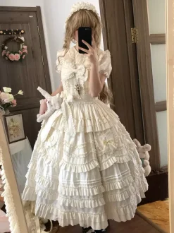 Sweet Lolita Dresses Lace Sash Ruffles JSK Tea Length Lolita Dress