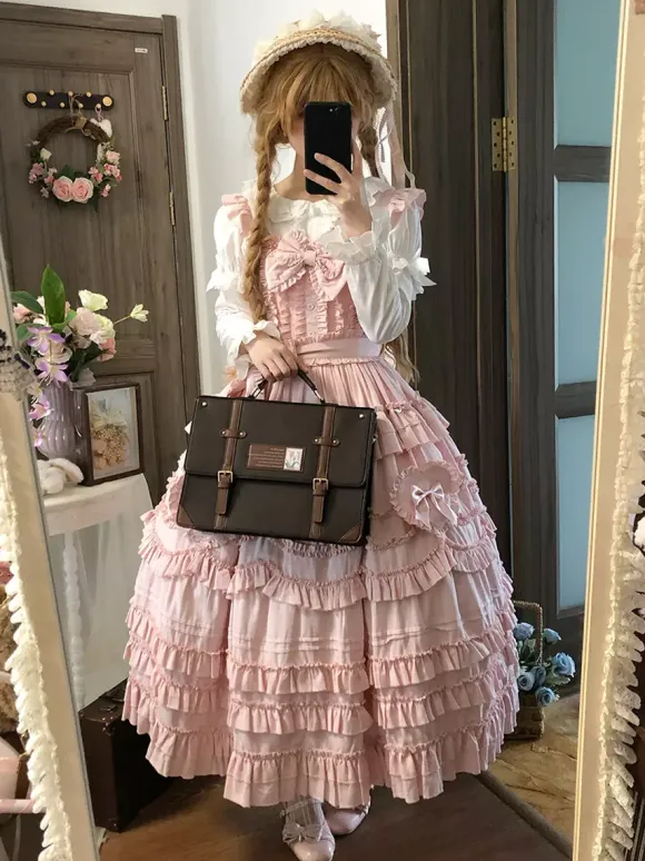Sweet Lolita Dresses Lace Sash Ruffles JSK Tea Length Lolita Dress