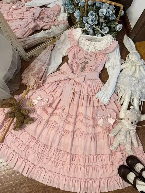 Sweet Lolita Dresses Lace Sash Ruffles JSK Tea Length Lolita Dress