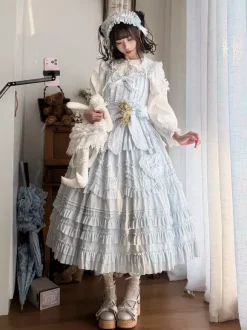 Sweet Lolita Dresses Lace Sash Ruffles JSK Tea Length Lolita Dress