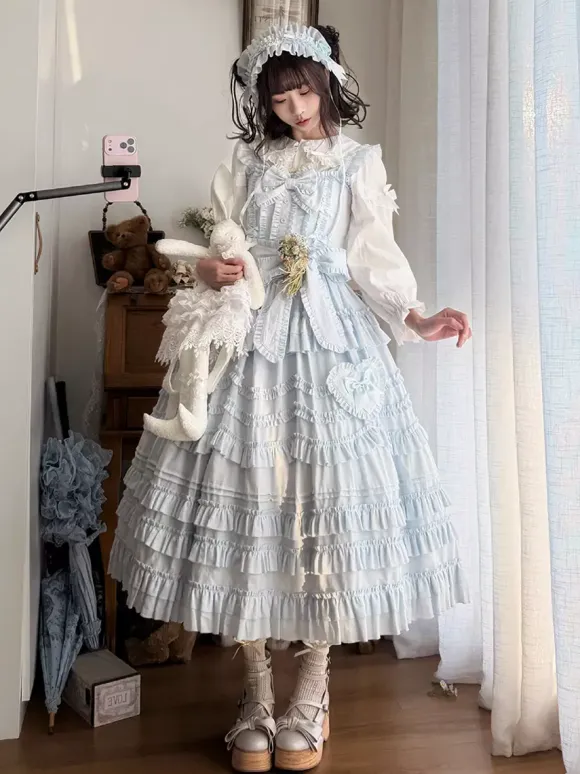Sweet Lolita Dresses Lace Sash Ruffles JSK Tea Length Lolita Dress