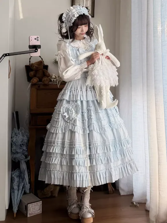 Sweet Lolita Dresses Lace Sash Ruffles JSK Tea Length Lolita Dress