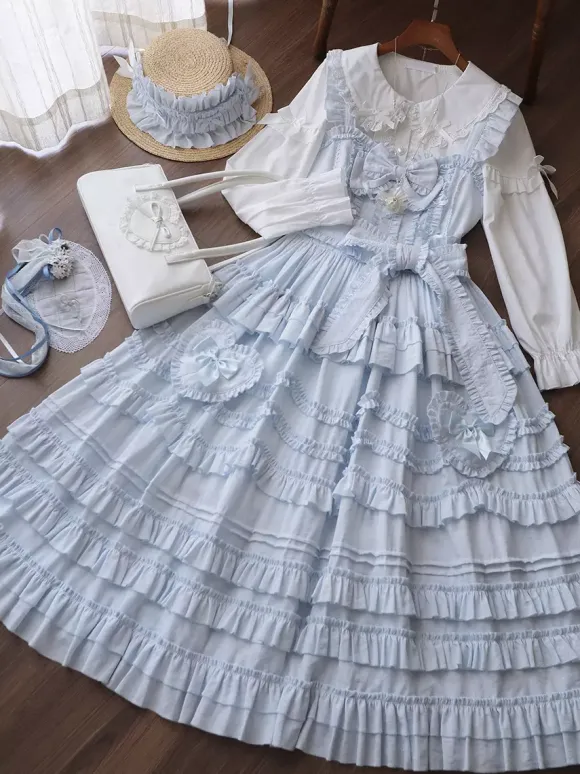Sweet Lolita Dresses Lace Sash Ruffles JSK Tea Length Lolita Dress