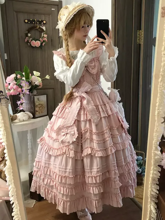 Sweet Lolita Dresses Lace Sash Ruffles JSK Tea Length Lolita Dress