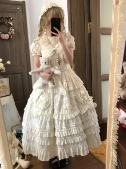 Sweet Lolita Dresses Lace Sash Ruffles JSK Tea Length Lolita Dress