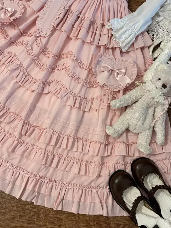 Sweet Lolita Dresses Lace Sash Ruffles JSK Tea Length Lolita Dress
