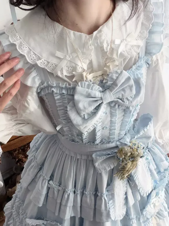Sweet Lolita Dresses Lace Sash Ruffles JSK Tea Length Lolita Dress