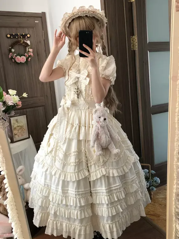 Sweet Lolita Dresses Lace Sash Ruffles JSK Tea Length Lolita Dress