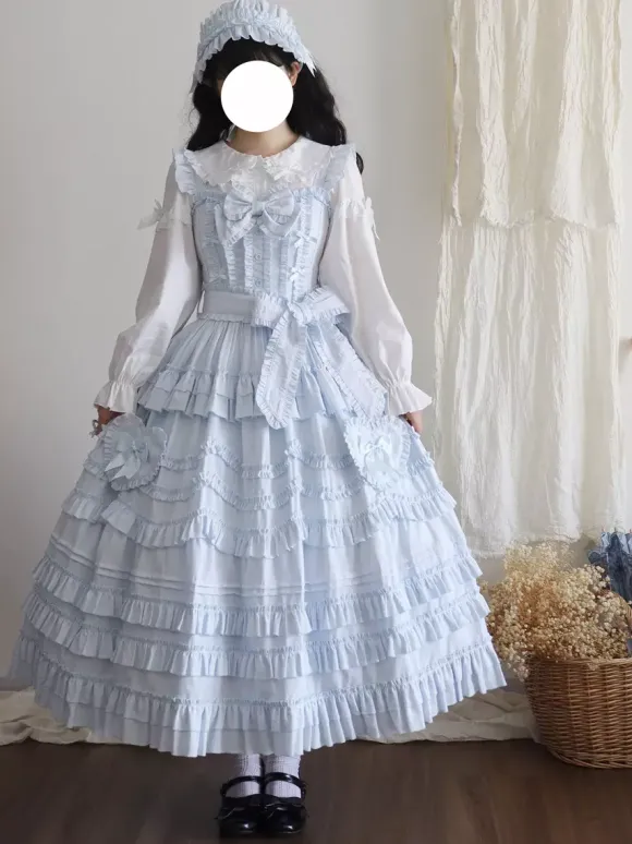 Sweet Lolita Dresses Lace Sash Ruffles JSK Tea Length Lolita Dress