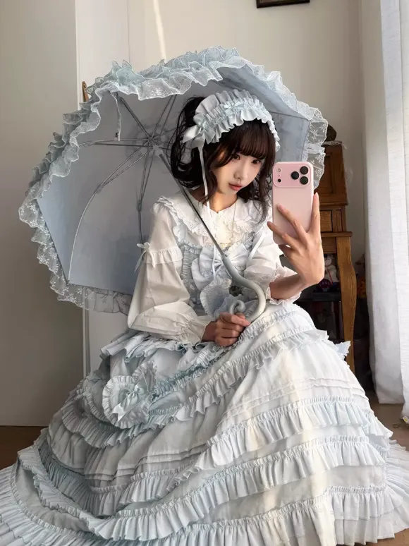 Sweet Lolita Dresses Lace Sash Ruffles JSK Tea Length Lolita Dress