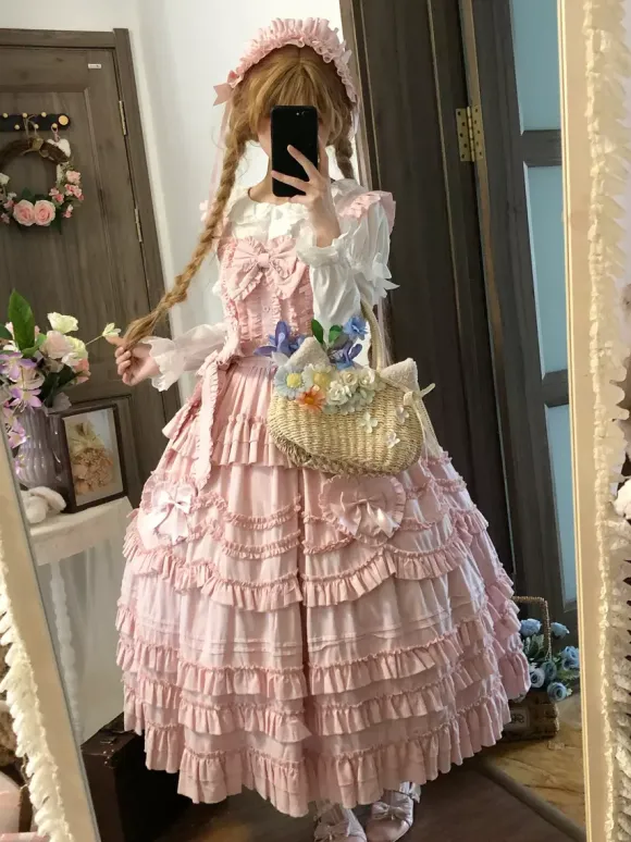 Sweet Lolita Dresses Lace Sash Ruffles JSK Tea Length Lolita Dress