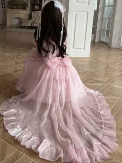 Sweet Lolita Dresses Lace Up Bows Slip Dress Mesh High Low Skirts