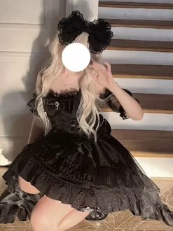 Sweet Lolita Dresses Lace Up Bows Slip Dress Mesh High Low Skirts