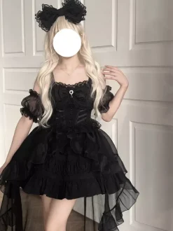 Sweet Lolita Dresses Lace Up Bows Slip Dress Mesh High Low Skirts
