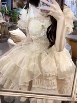 Sweet Lolita Dresses Lace Up Bows Slip Dress Mesh High Low Skirts