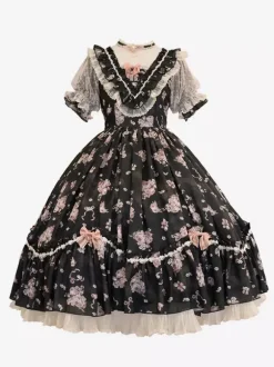 Sweet Lolita Dresses Pink Short Sleeves OP Floral Ruffles Lolita Dress For Summer