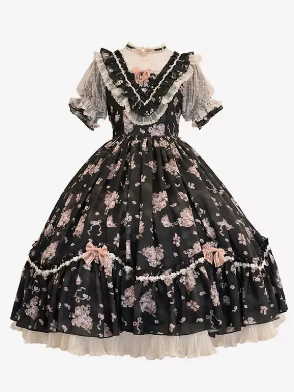 Sweet Lolita Dresses Pink Short Sleeves OP Floral Ruffles Lolita Dress For Summer