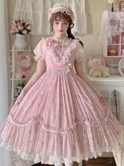 Sweet Lolita Dresses Pink Short Sleeves OP Floral Ruffles Lolita Dress For Summer